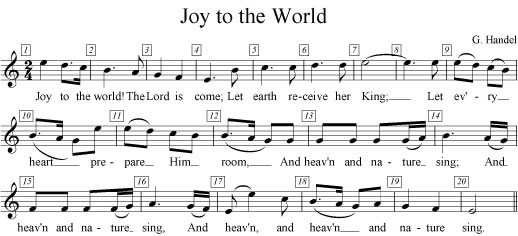 Joy To The World, now starting on E instead of C, suggesting a transposition to E major. But since it is not using the key signature of E major, and since there are no accidentals in the score, the piece sounds completely wrong!